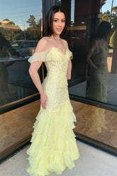 2025 Yellow Prom Dresses Ruffles Lace Appliques Long Dress Cold Shoulder